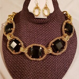 Gold and Black Statement Necklace with Earrings